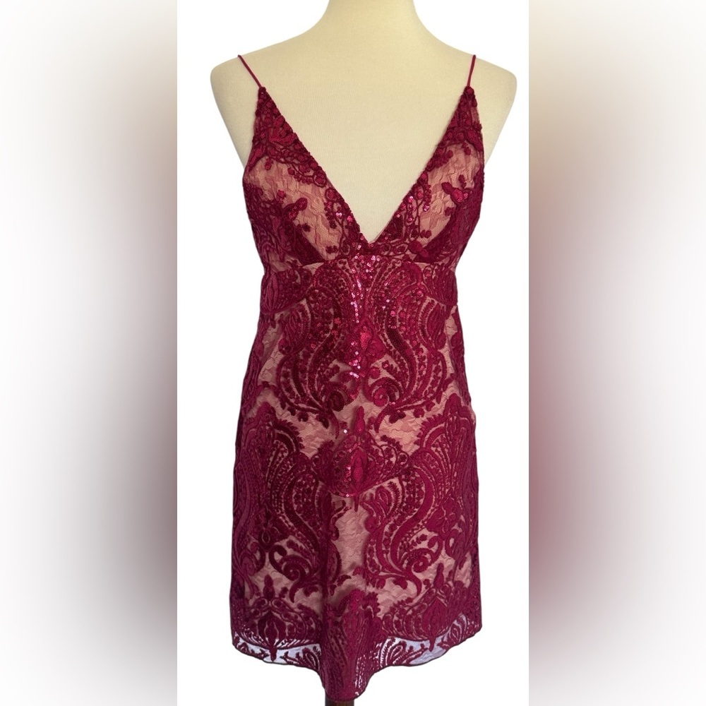 Free People Night Shimmer Mini Raspberry Red V Neck Sequined Dress Size 2 - Picture 2 of 13